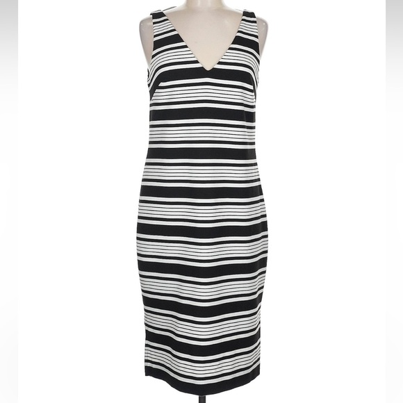 BETSEY JOHNSON Size 8 Medium M Striped V-Neck Stretch Bodycon Midi Dress - Picture 3 of 9